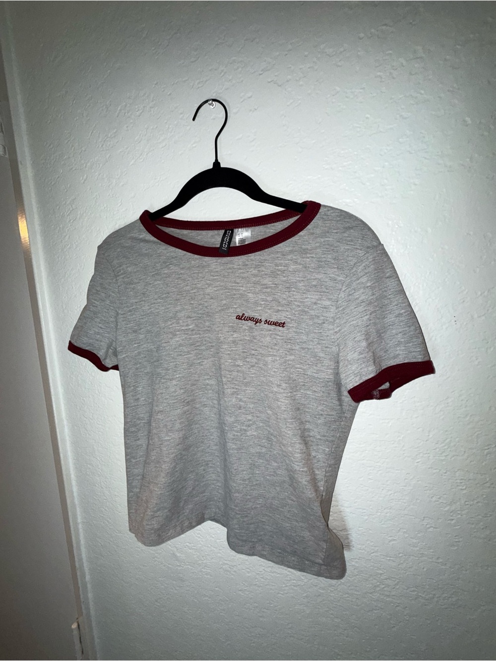 H&M Grey Tee with Burgundy Trim - 'always sweet' Embroidery